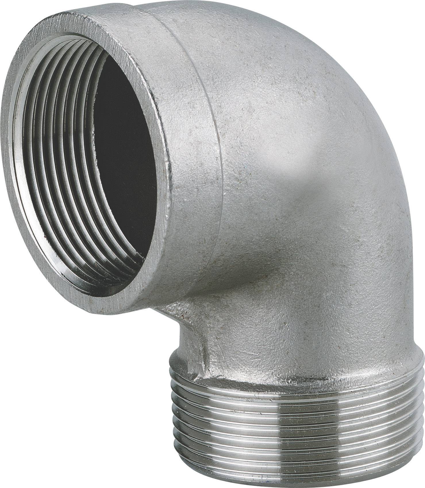 Metal angle pipe with thread, likely made of stainless steel, for connecting pipes in sanitary or industrial applications.