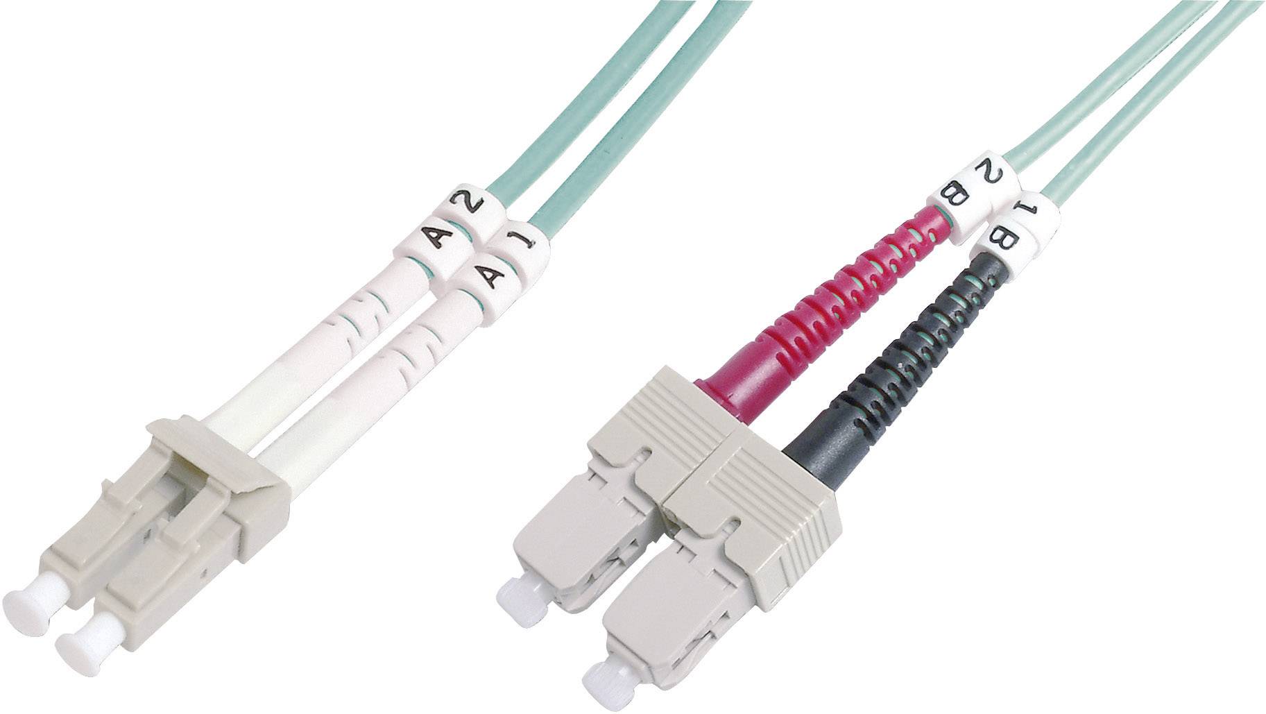 LWL connector with two pairs, one grey and the other red-black, for data transmission in network infrastructures.