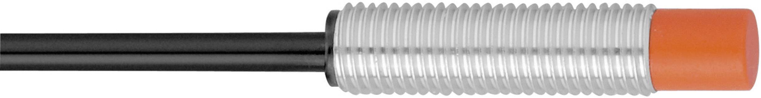Cylindrical proximity sensor with a metal housing and orange tip, connected with two black cables on the left side.