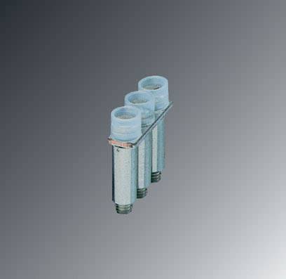 Three blue fuse inserts on a grey background, vertically arranged, with metal thread at the bottom.