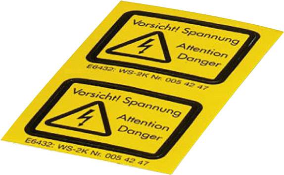 Two yellow warning stickers with a black lightning symbol and text 'Caution! Electrical Voltage Danger', warn of electrical voltage.