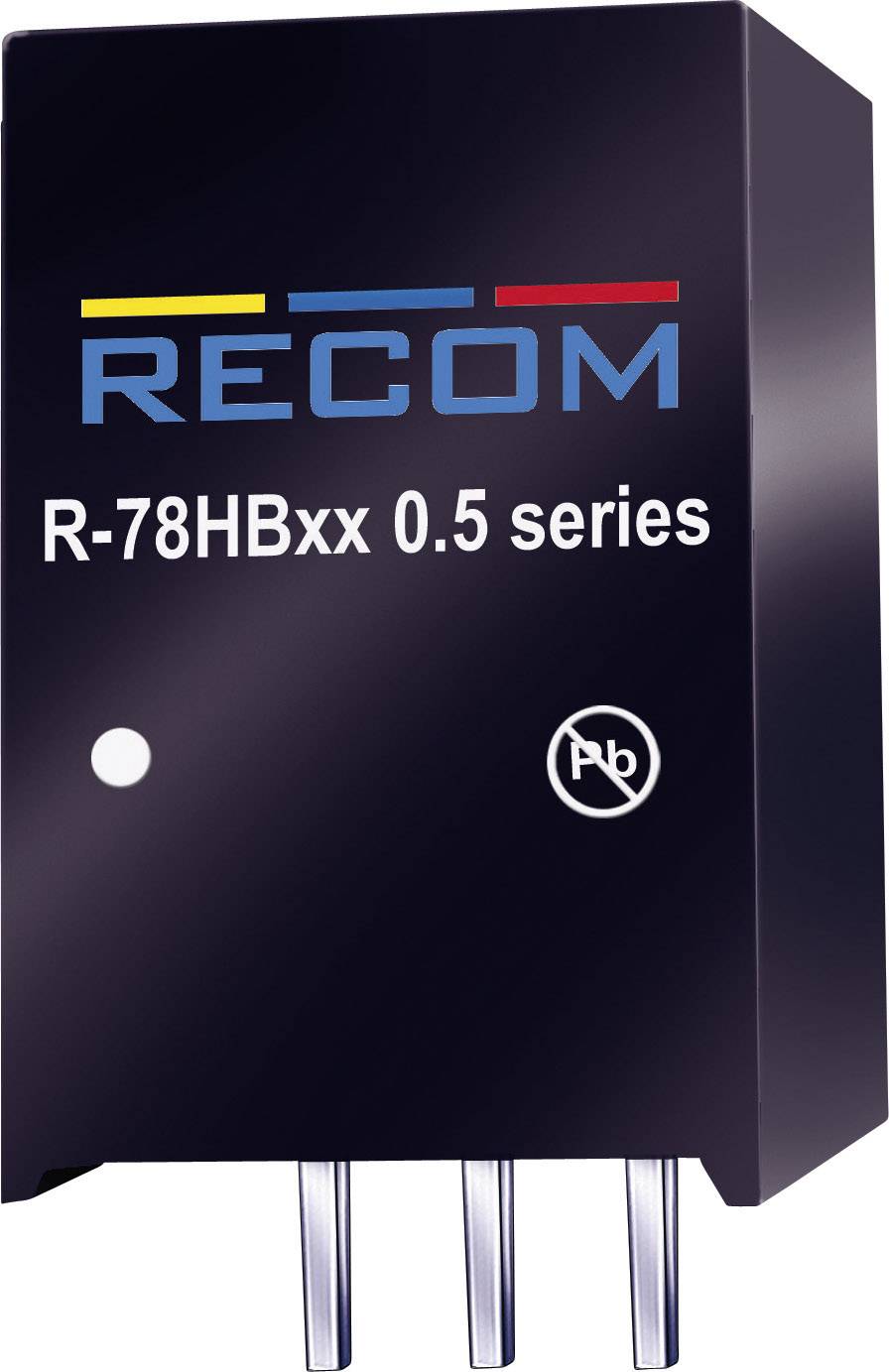 RECOM R-78HBxx 0.5 voltage regulator module with black casing, yellow, blue and red lines, lead-free logo.