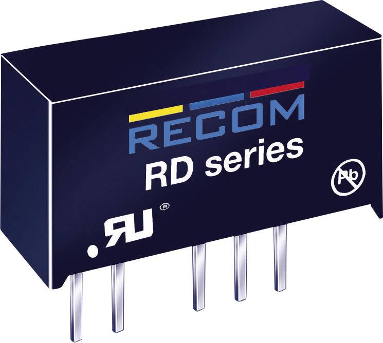 Electronic component from the RECOM RD series with four pins for PCB mounting, black housing, coloured logo.