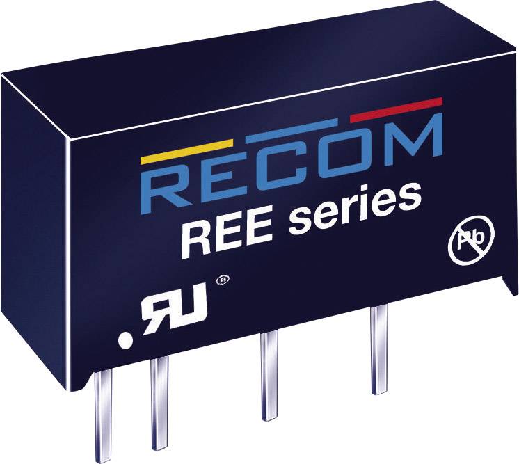Electronic component by 'RECOM' brand, 'REE series' model, with multiple connection pins. Black housing, blue-yellow logo.