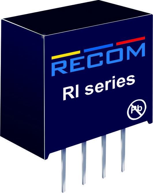 A blue electronic component with the inscription 'RECOM RI series'. Four metal terminals extend outwards.