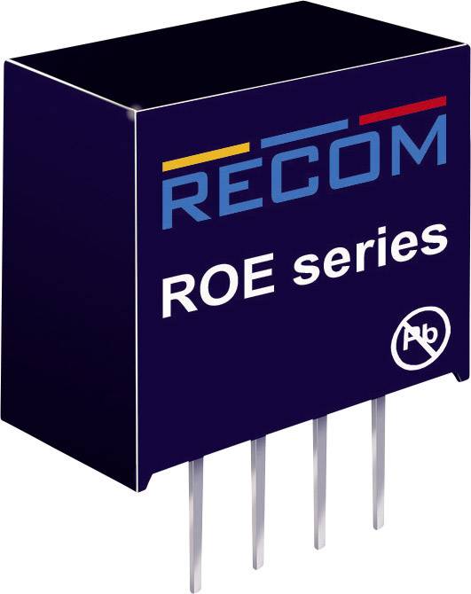 An electronic component from the 'RECOM ROE' series with four connecting pins, in a dark housing.