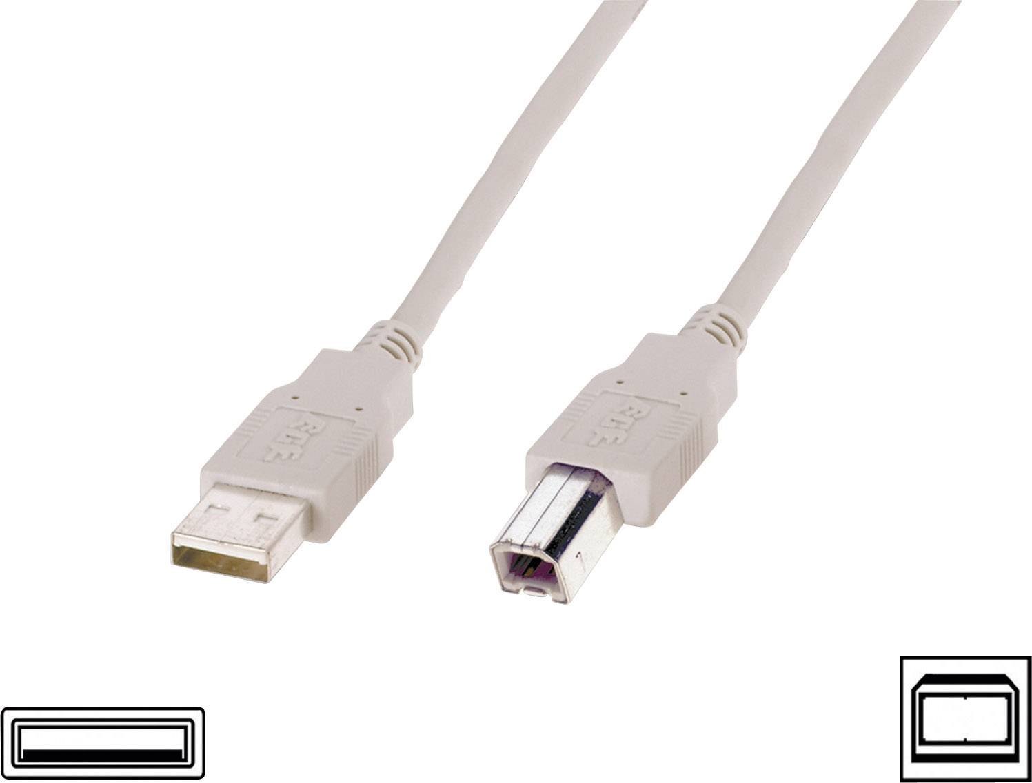 A USB cable with two different plugs: on the left, a typical USB-A plug, on the right, a square USB-B plug.