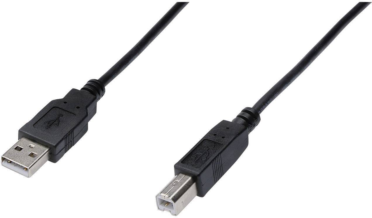 A black USB printer cable with a USB-A plug on the left side and a USB-B plug on the right side.