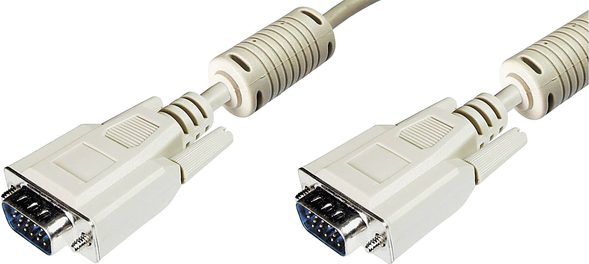 A VGA cable with two connectors, each with 15 pins for transmitting video signals, against a white background.
