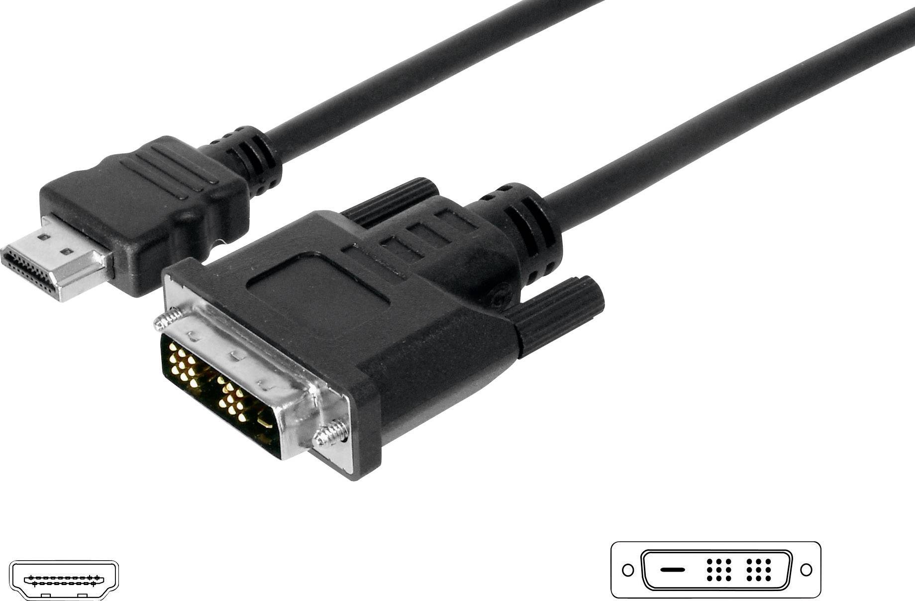 An HDMI to DVI cable that enables a connection between digital video devices. Left: HDMI plug, right: DVI plug.