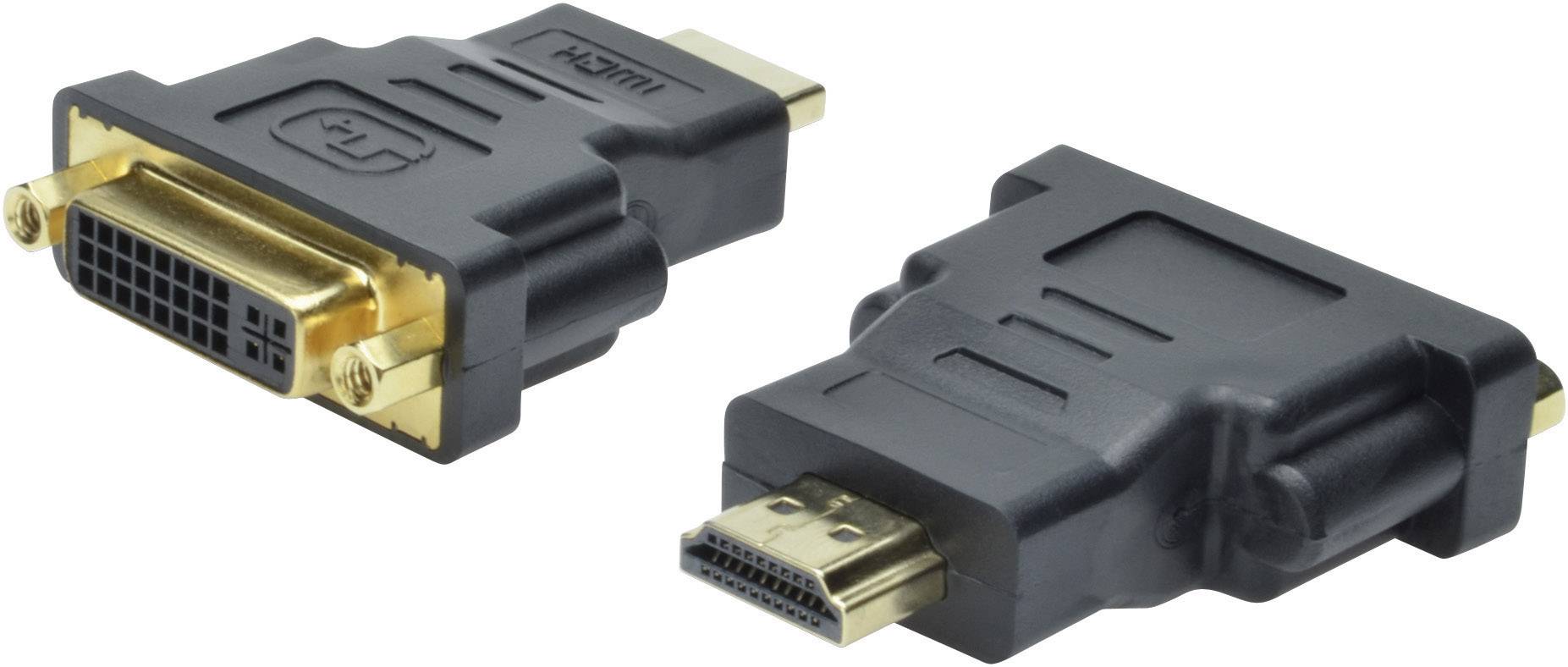 Two video adapters: DVI to HDMI. Left: DVI plug, right: HDMI plug. Black plastic casings with gold-coloured contacts.