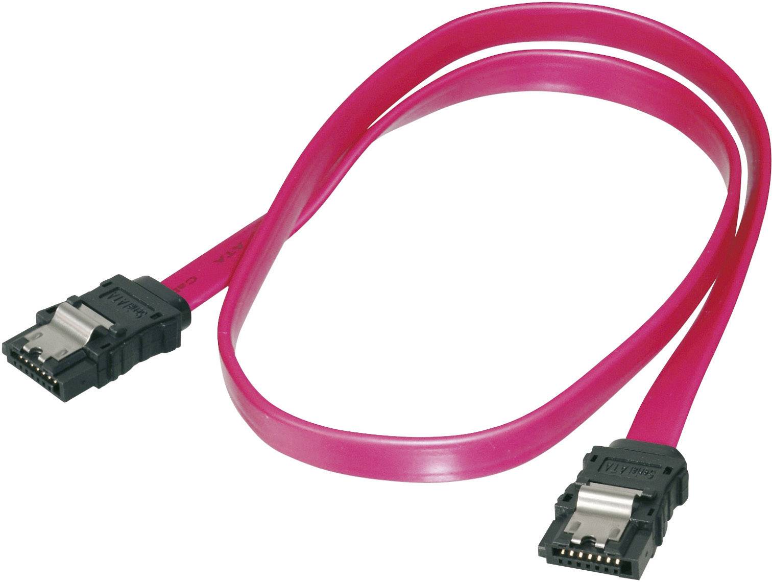 Pink SATA cable with two black connectors, used for connecting electronic devices and data transfer in computers.