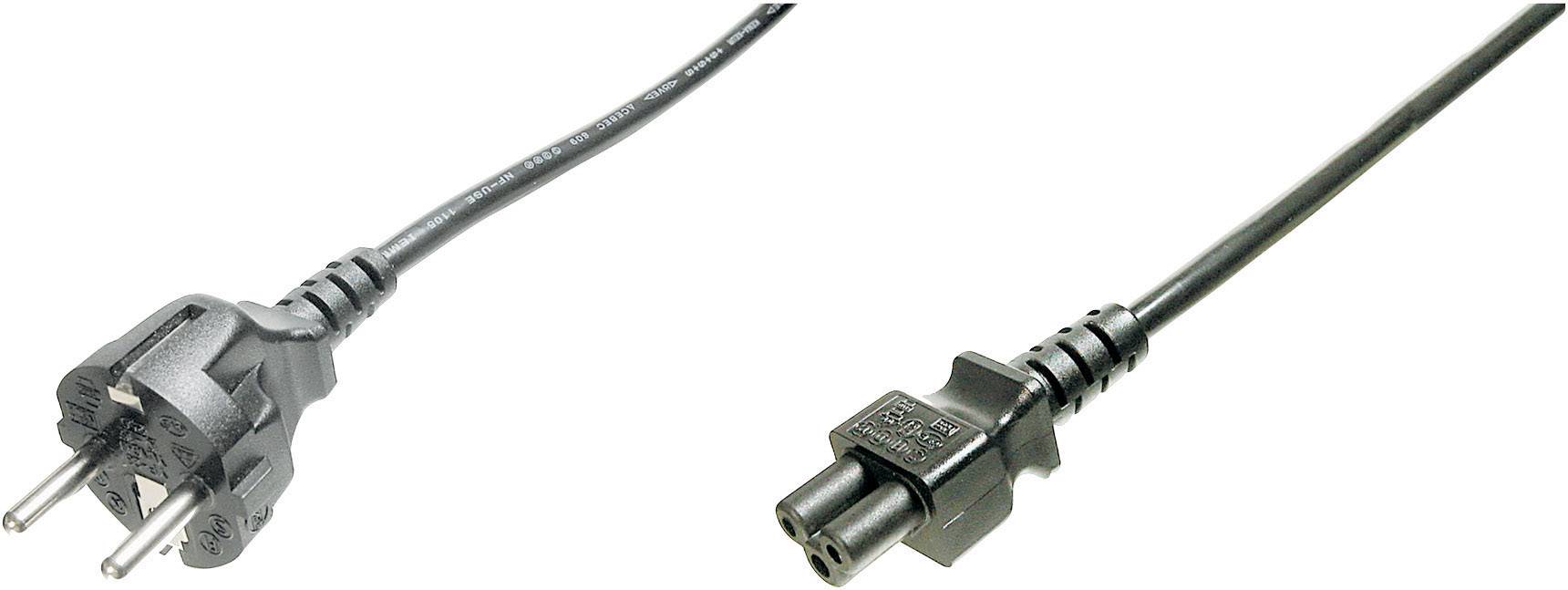 Black power cable with European plug on the left side and C5 socket on the right side, commonly used for laptops.