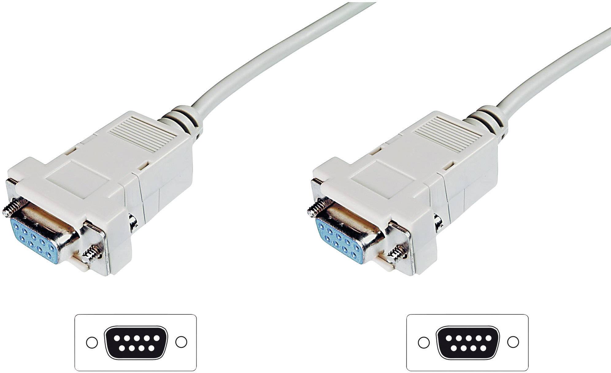 Two beige serial RS232 plugs with screw locks and blue 9-pin connectors on grey cables.