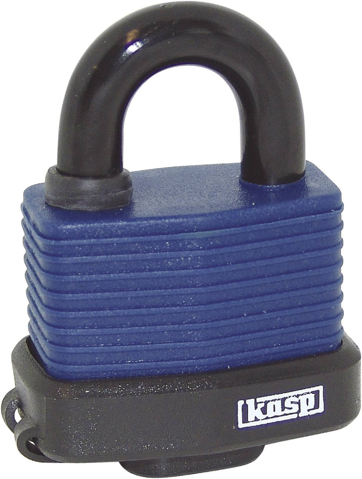Blue and black metal padlock with the 'Kasp' brand on the lower part.