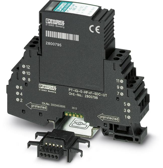 Electronic component mounted on a DIN rail. It serves as a surge protection device and has multiple connections for electrical interfaces.