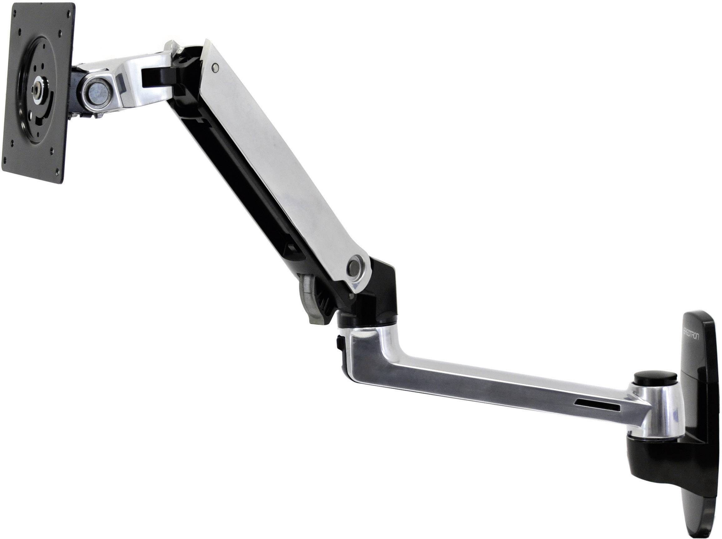A black and silver monitor arm with joints for flexible positioning of a screen. Suitable for ergonomic workplace design.