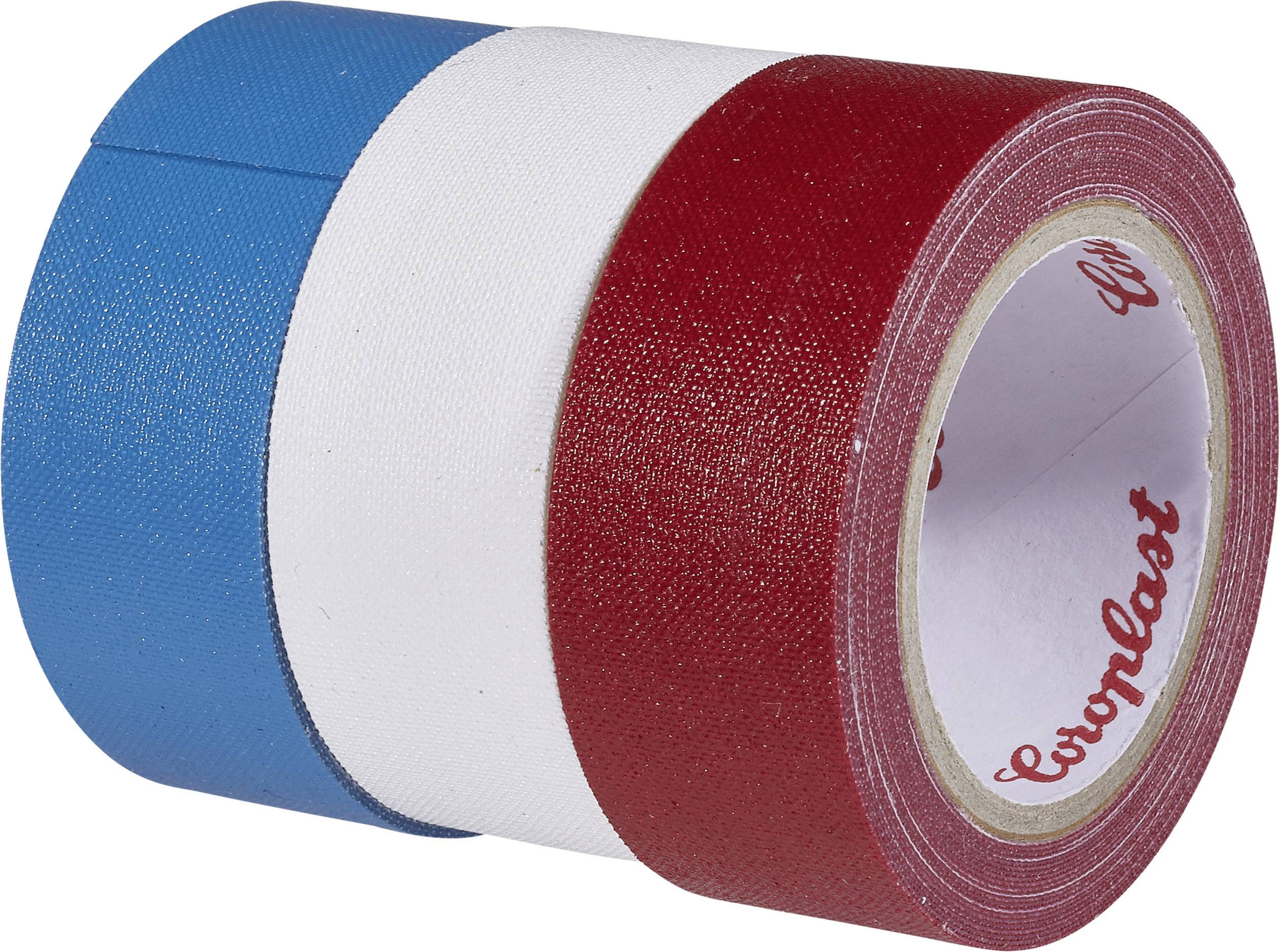 Three rolls of coloured adhesive tape: blue, white, and red, placed side by side. The brand labelling is visible on the inside.