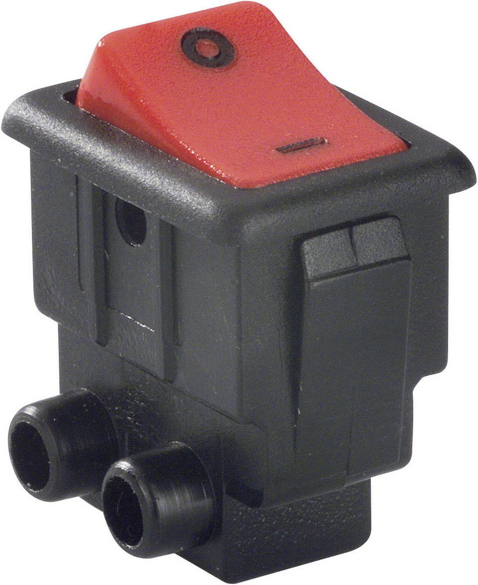 Red rocker switch with black casing, suitable for electrical devices. Two connections on the underside.
