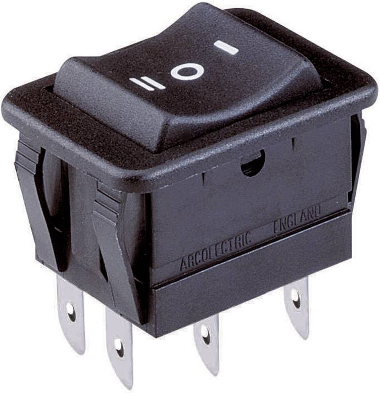 A black rocker switch with On/Off symbols on the top surface. It has four visible metal contacts on the underside.
