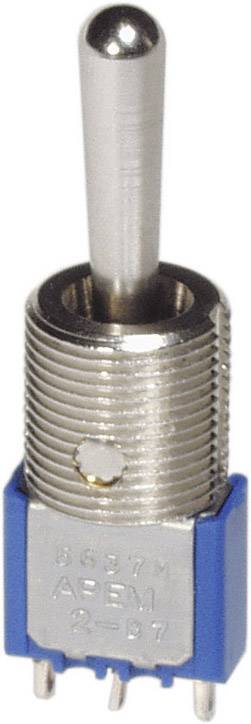 A metal and plastic toggle switch with three connecting pins on the underside. The lever is silver, and the housing is blue.
