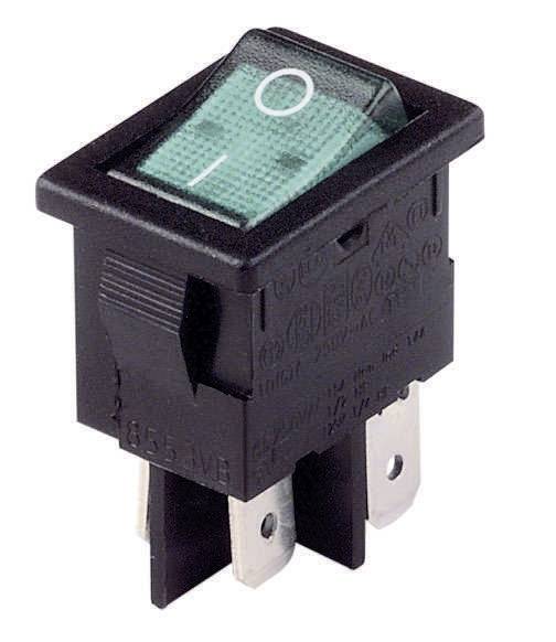 A black rocker switch with a green illuminated field indicates the 'On' position.