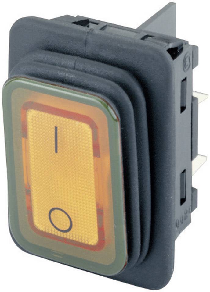 An orange rocker switch with 'I' (On) and 'O' (Off) symbols on a black casing, for electrical devices.