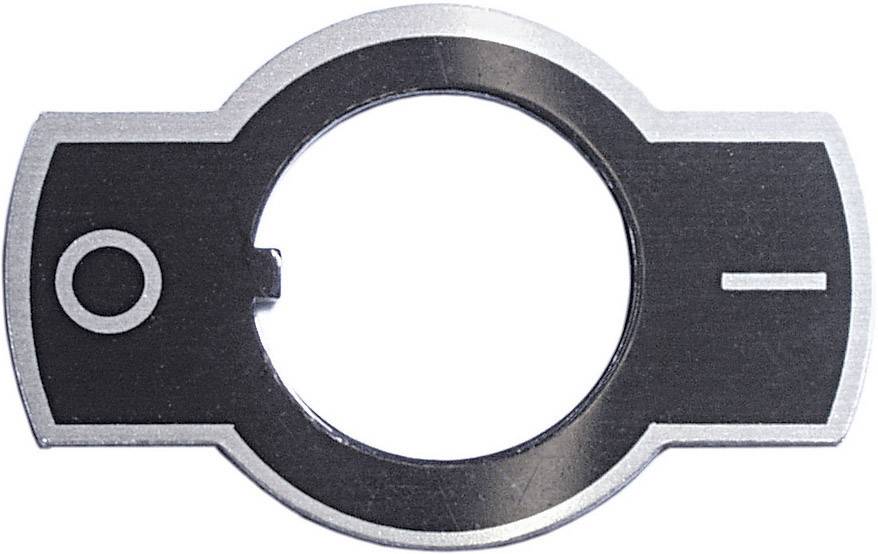 Silver metal switch with black lettering. A circle on the left, a minus sign on the right. Suitable for device or machine control.