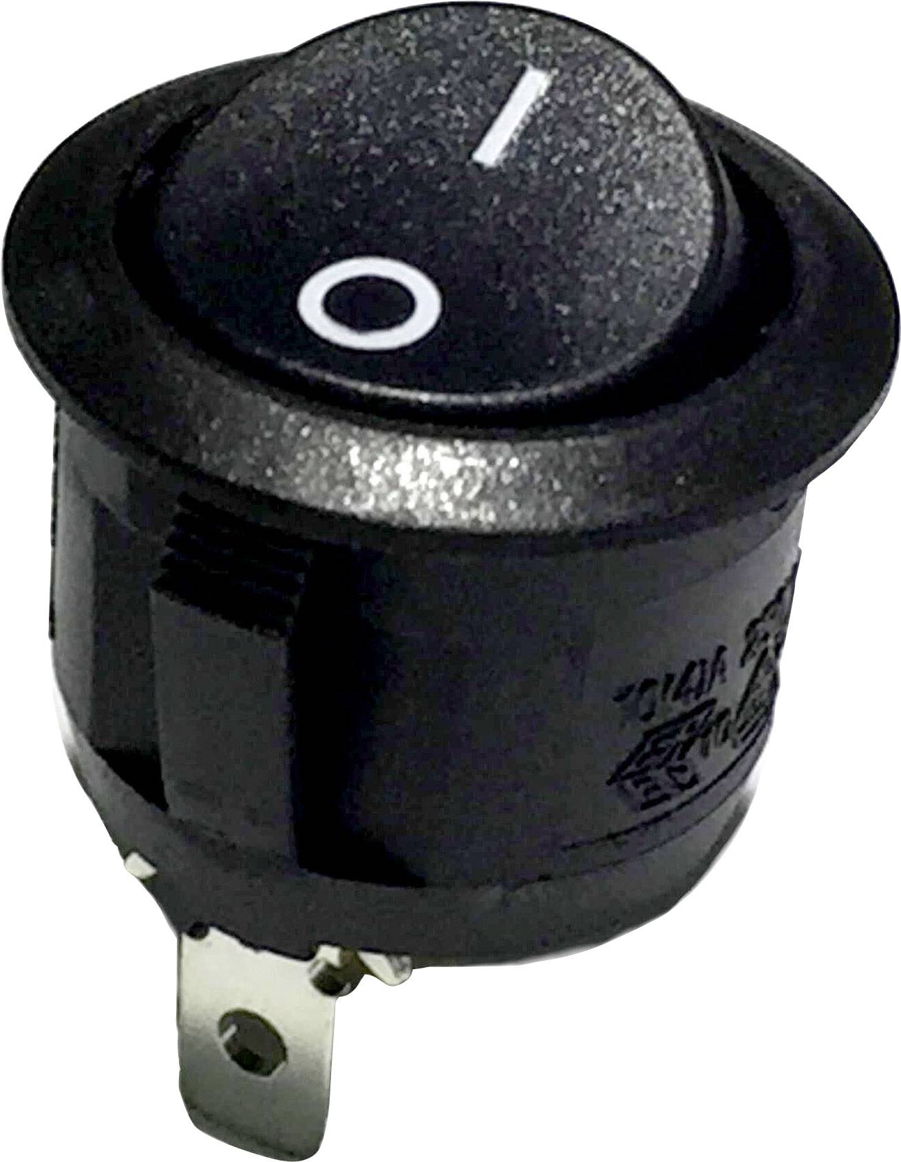 A round, black toggle switch with white symbols for 'On' (|) and 'Off' (O).