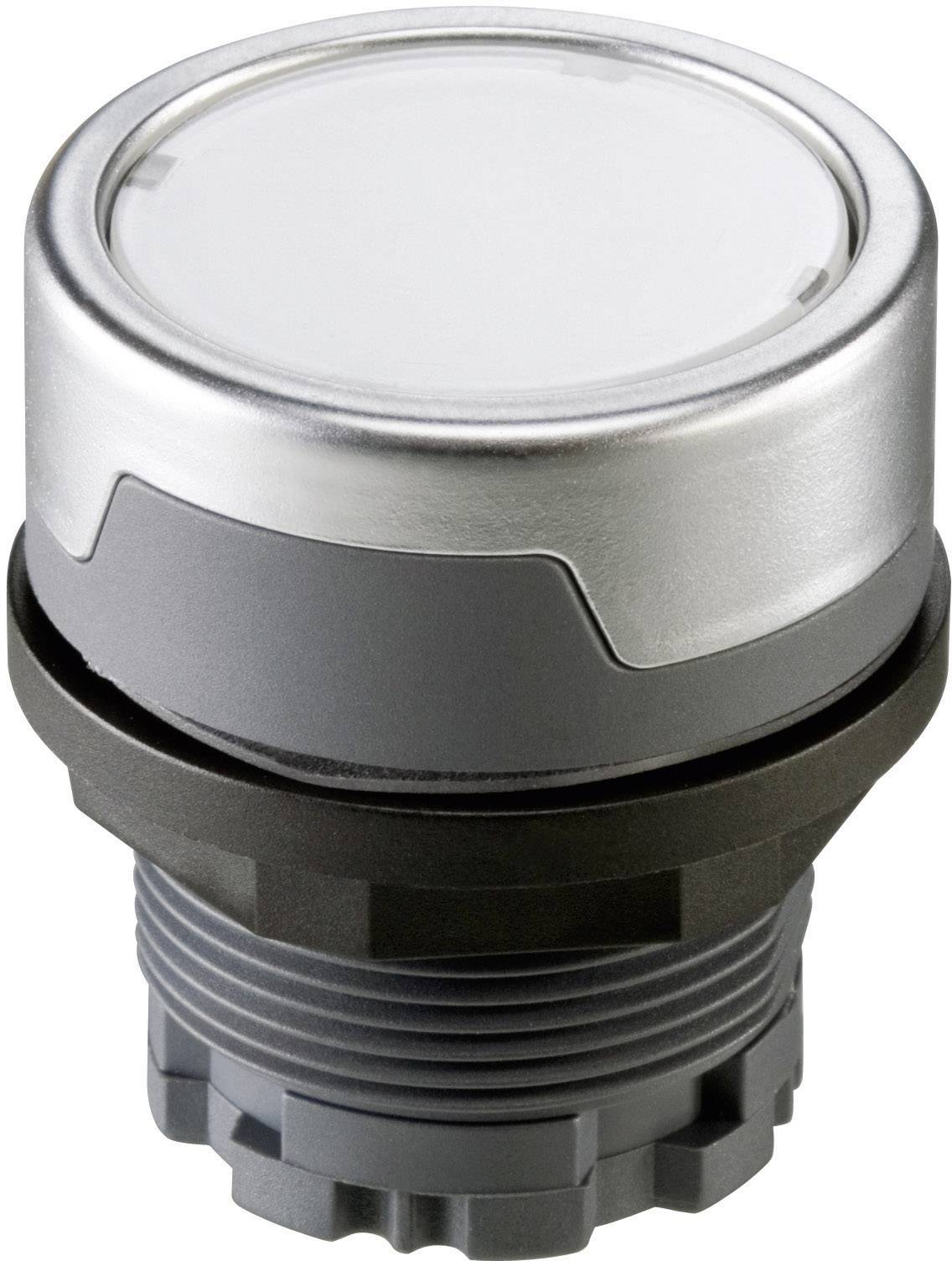 Large, round metal and plastic push button in a neutral colour, with a ribbed base.