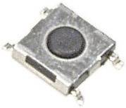 A square metal microswitch with a black button, suitable for electronic circuits and controls.
