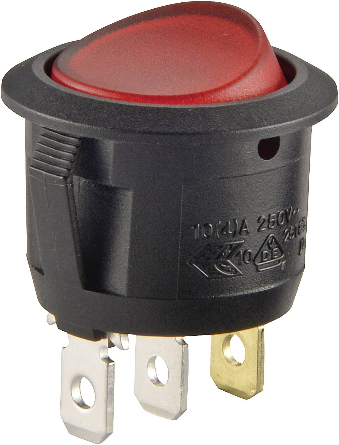 A red rocker switch with three metal contacts. Suitable for 250V and 10A. Commonly used in electronic devices.