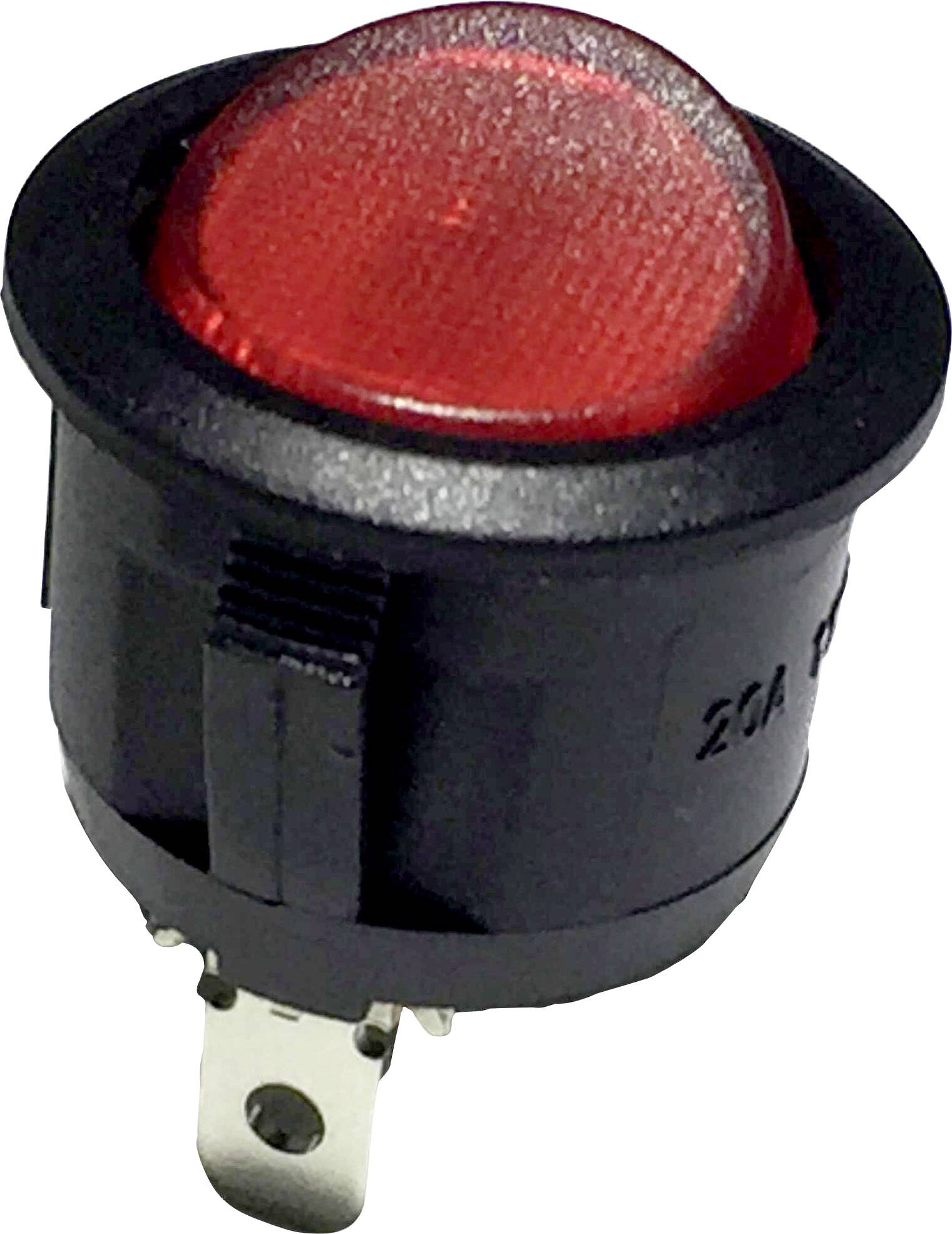 Red push-button switch in a round casing, suitable for electronic applications.