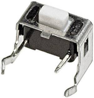 A rectangular microswitch with two curved metal legs, used for controlling functions in electronic devices.