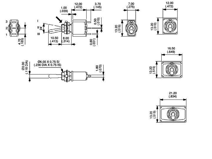 Technical drawing of a connector with dimensions in inches. Shows front, side, and top views. Includes detailed measurements of components.