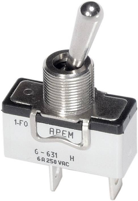 A toggle switch with a metal lever and three terminals, labelled 'APEM' and '6A 250VAC', mounted on a rectangular base.
