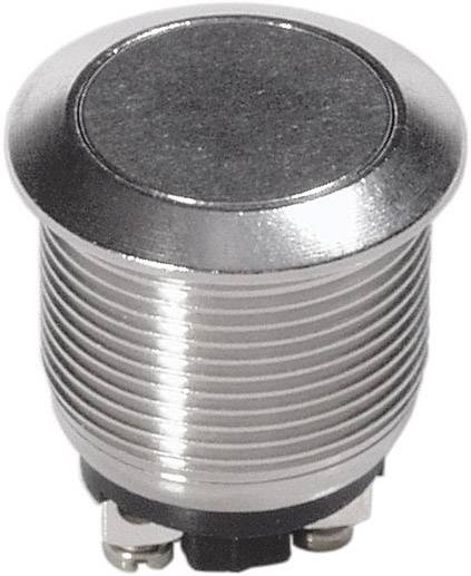 A round, silver metal button with a ridged surface and a flat head. The button is likely fixed to a device.