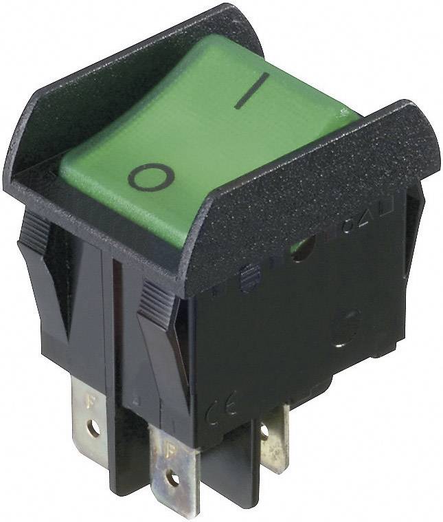 A green rocker switch with 'I' (On) and 'O' (Off) symbols, mounted in a black casing.