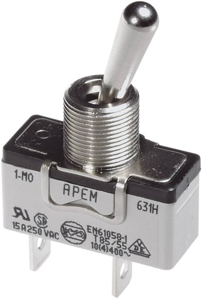 A toggle switch with a metal lever, brand name 'APEM', model number '631H', suitable for 15A 250VAC, on a white background.