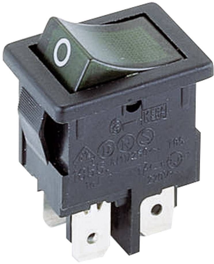 A black toggle switch with a green switch positioned to 'O' for off. It has silver contacts and is designed for electronic devices.