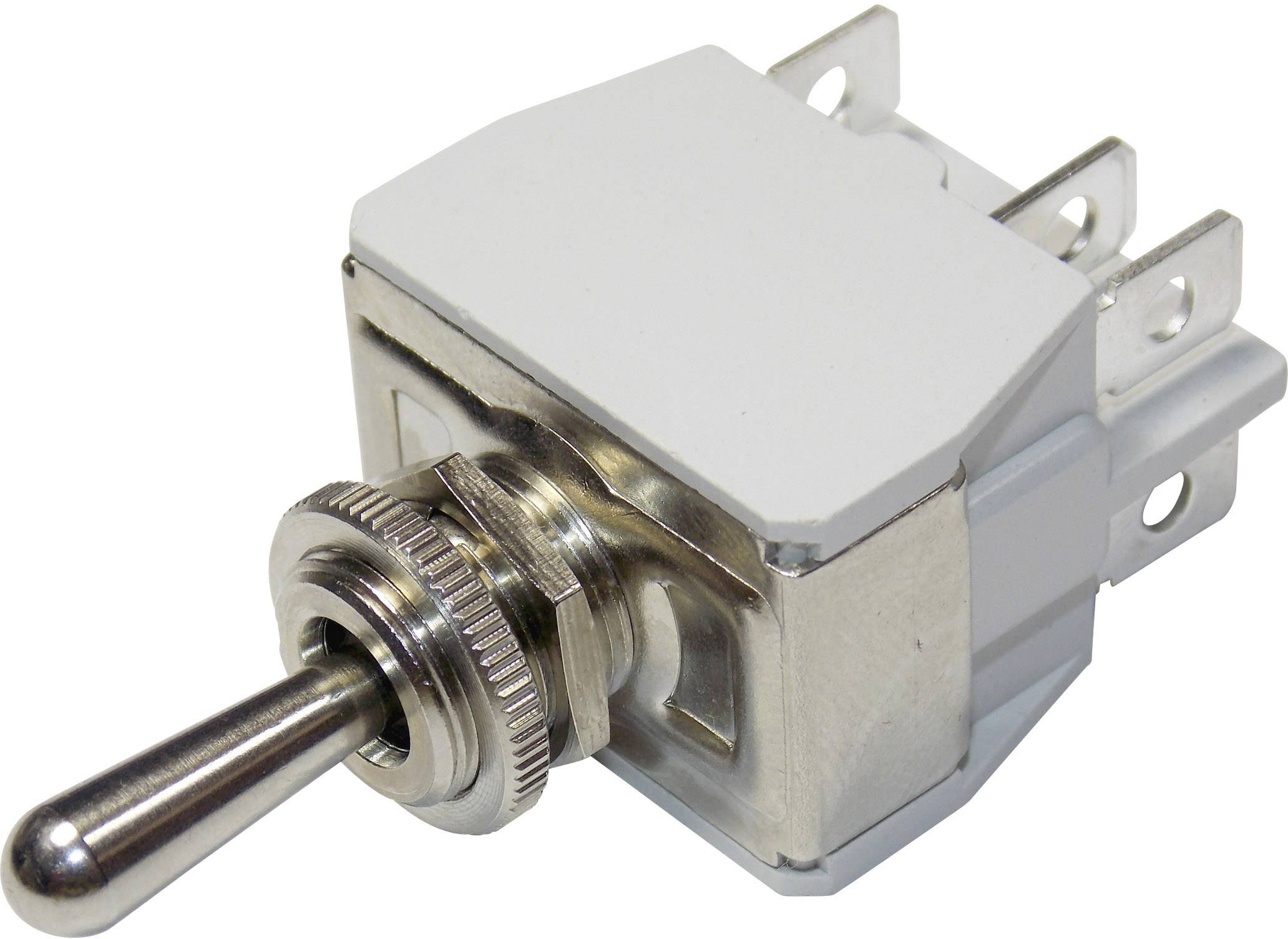 A metal switch with a lever and multiple terminal connections. The switch is likely used for manual control of a device.