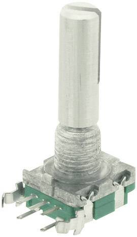 A silver encoder with a green housing and multiple metal connections, suitable for electronic devices for adjusting settings.