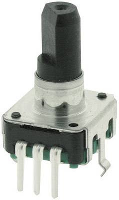 A rectangular rotary encoder with four metal contacts and a black, cylindrical rotary knob on the top surface.