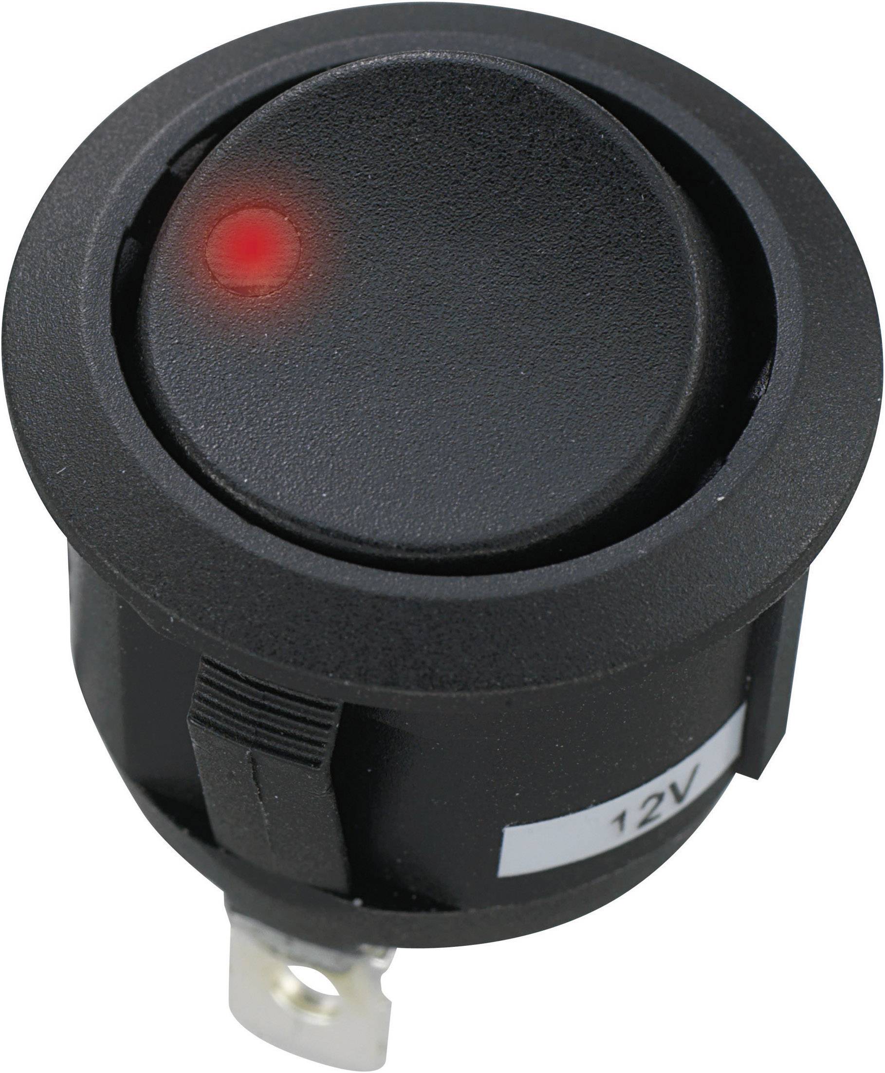 A black, round switch with a red light signal on the top surface, designed for 12V voltage.