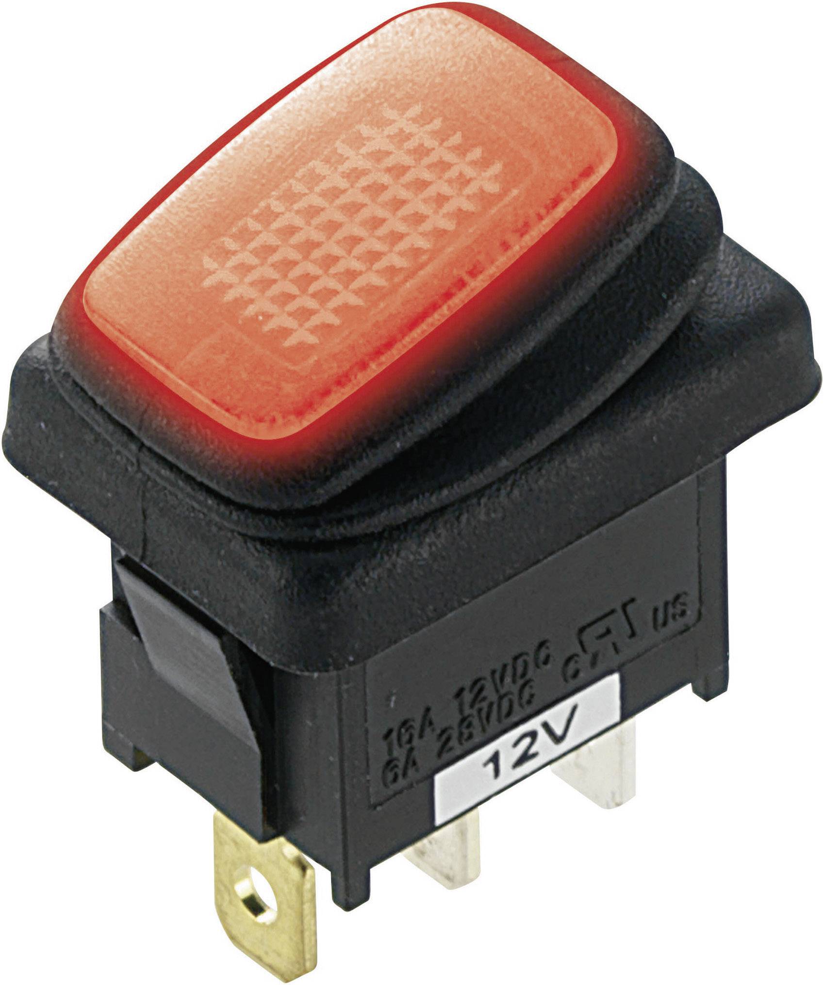 A red rocker switch with 12V marking and three connector pins, suitable for electrical circuits.