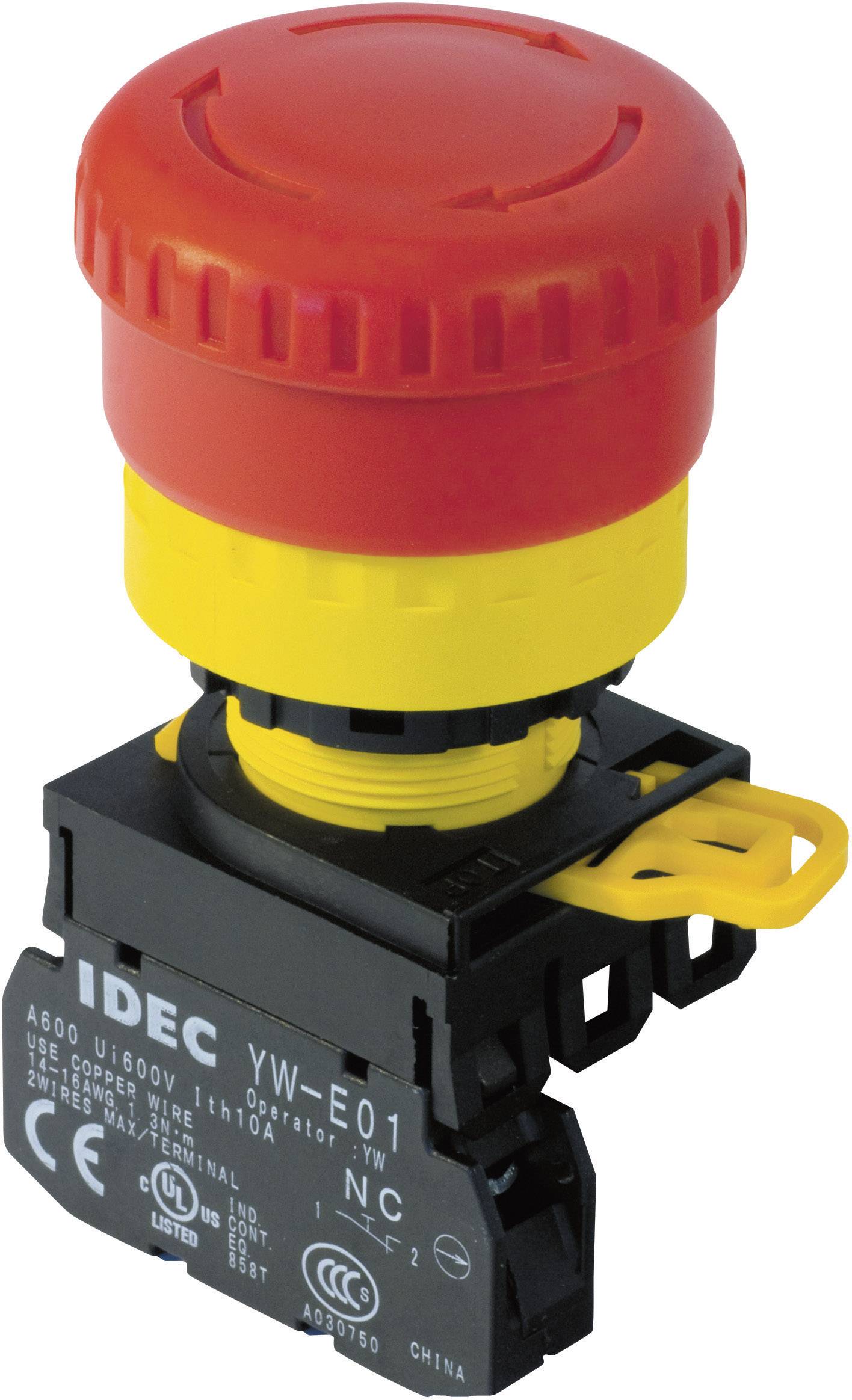 Red emergency stop switch with yellow housing; used for immediate shutdown in emergency situations. Manufacturer: IDEC.