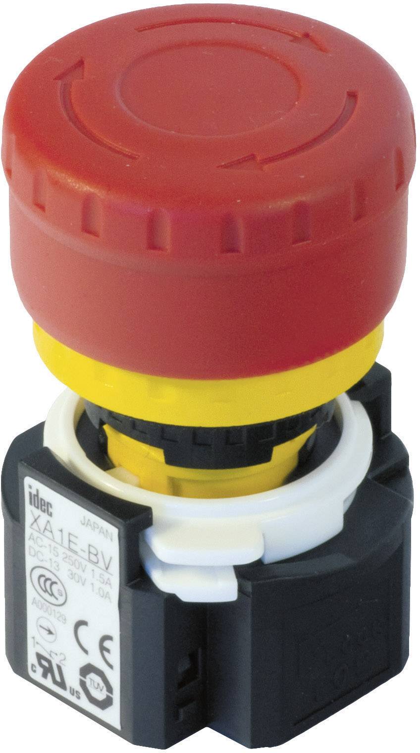 Emergency stop button with red button on yellow base, used in emergency situations to immediately halt machine operation.