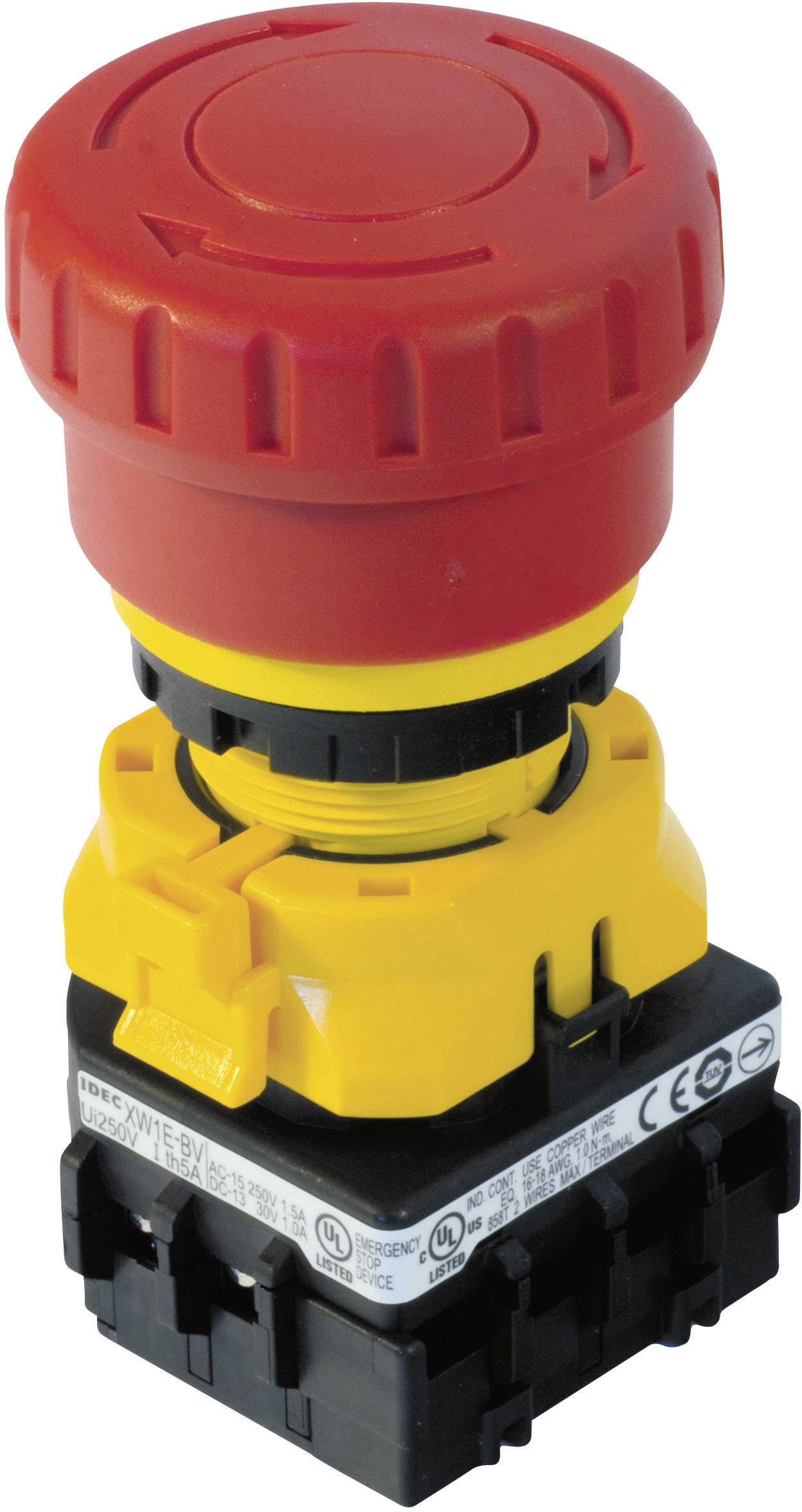 Red emergency stop push button with yellow base, typical safety element in machinery for rapid shutdown in emergency situations.