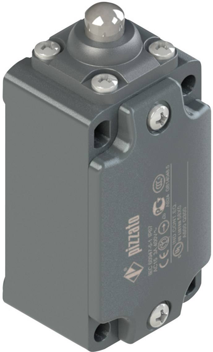 A grey industrial switch enclosure with rounded corners and screws on the sides, displaying manufacturer and safety markings.
