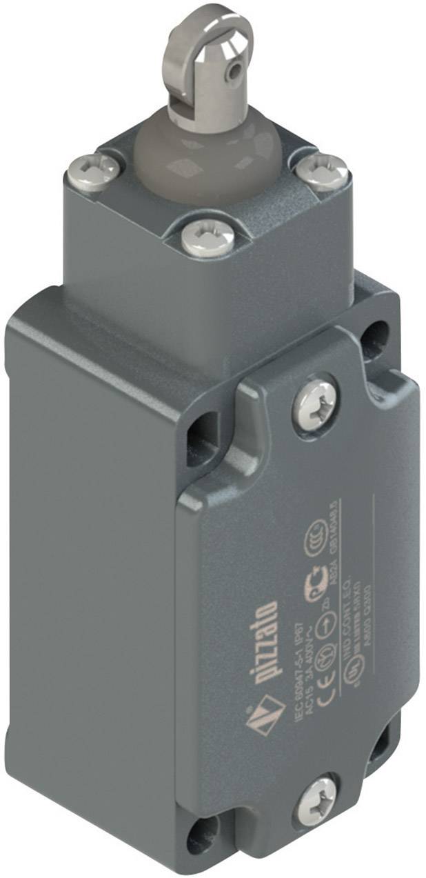 A grey push switch with a metal casing and spring-loaded lever. Markings and certifications are visible on the front surface.